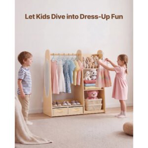 Kids Dress Up Storage, With Mirror, Dress Up Closet, Toddler Wardrobe Closet For Little Girls, Armoire With Shelves & Bottom Tray, Costume Organizer, Toddler Room Furniture, For Bedroom, Natural - Image 2