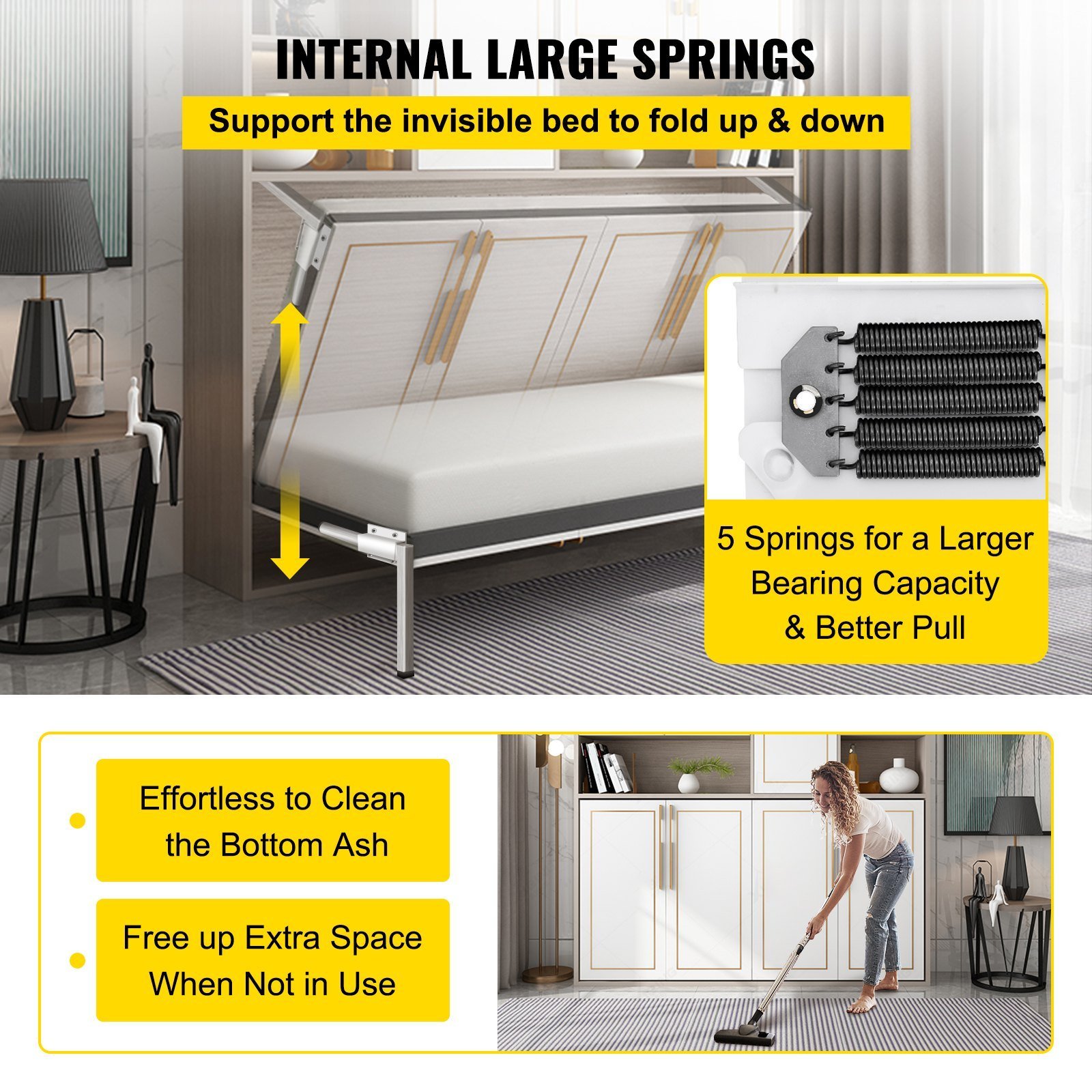 Murphy Mounting Wall Springs Mechanism Heavy Duty Support Hardware DIY Kit For Queen Twin Size Bed (Horizontal), White - Image 2