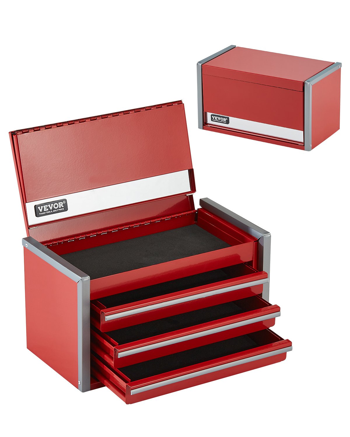 Tool Box 8.6-inch Portable Metal Tool Box 3 Drawers Tool Organizer Red - Image 1