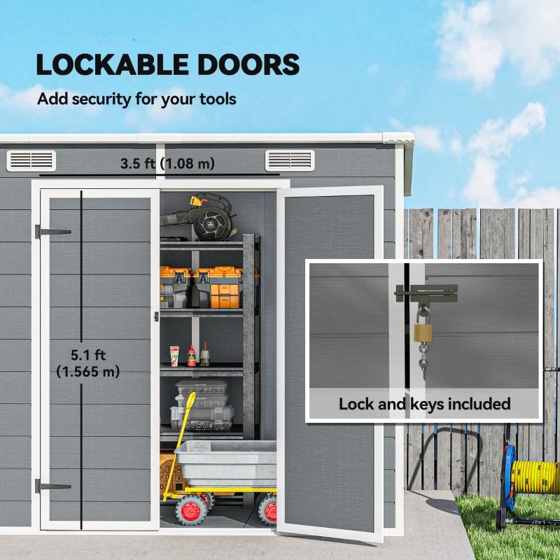 Plastic Outdoor Storage Shed With Floor, Window, Lockable Doors And Vents For Backyard Patio Lawn, Multiple Packages Shipped. Please Pay Attention To The Dimensions And Weight In The Details.