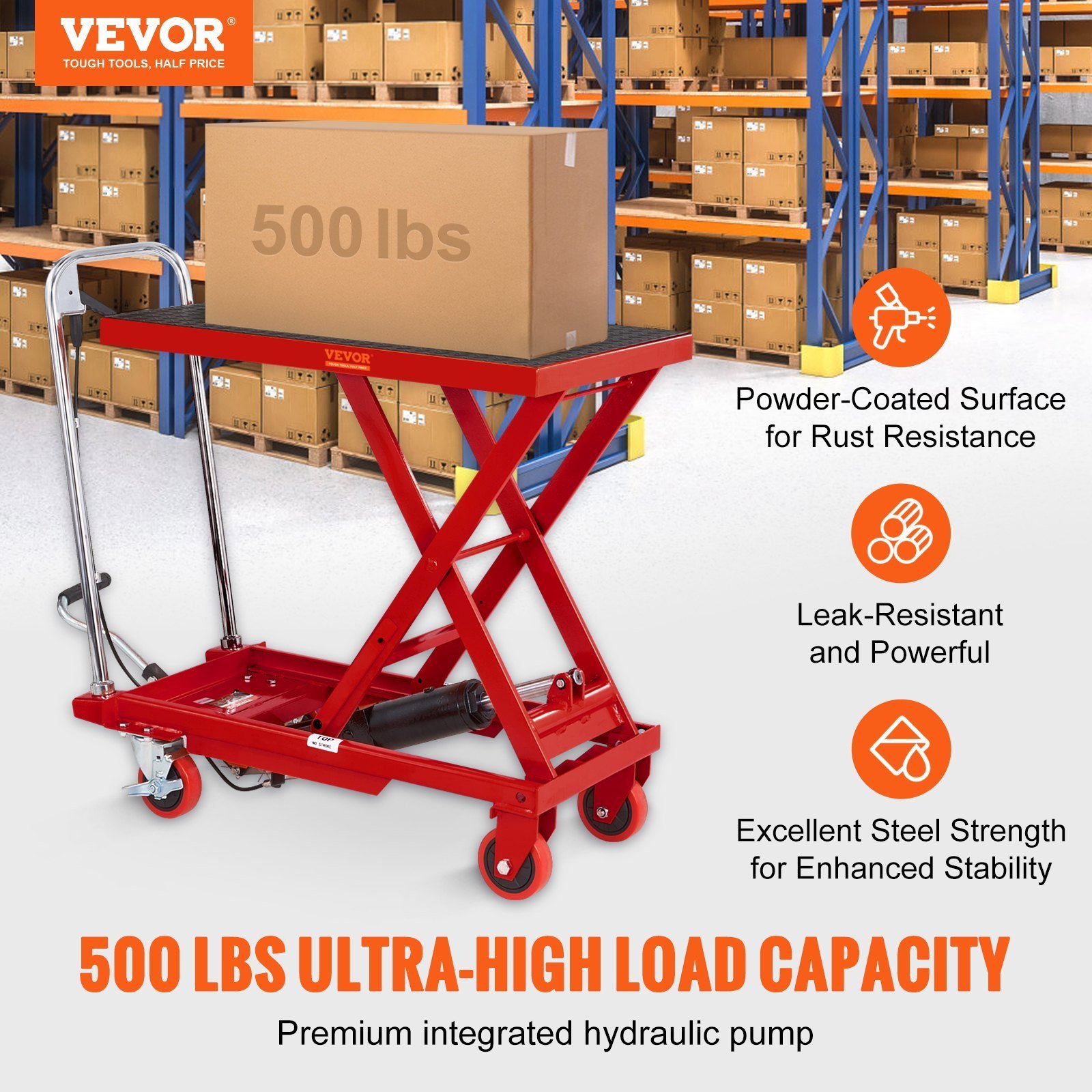 Hydraulic Lift Table Cart, 500lbs Capacity 28.5" Lifting Height, Manual Single Scissor Lift Table With 4 Wheels And Non-slip Pad, Hydraulic Scissor Cart For Material Handling, Red - Image 5