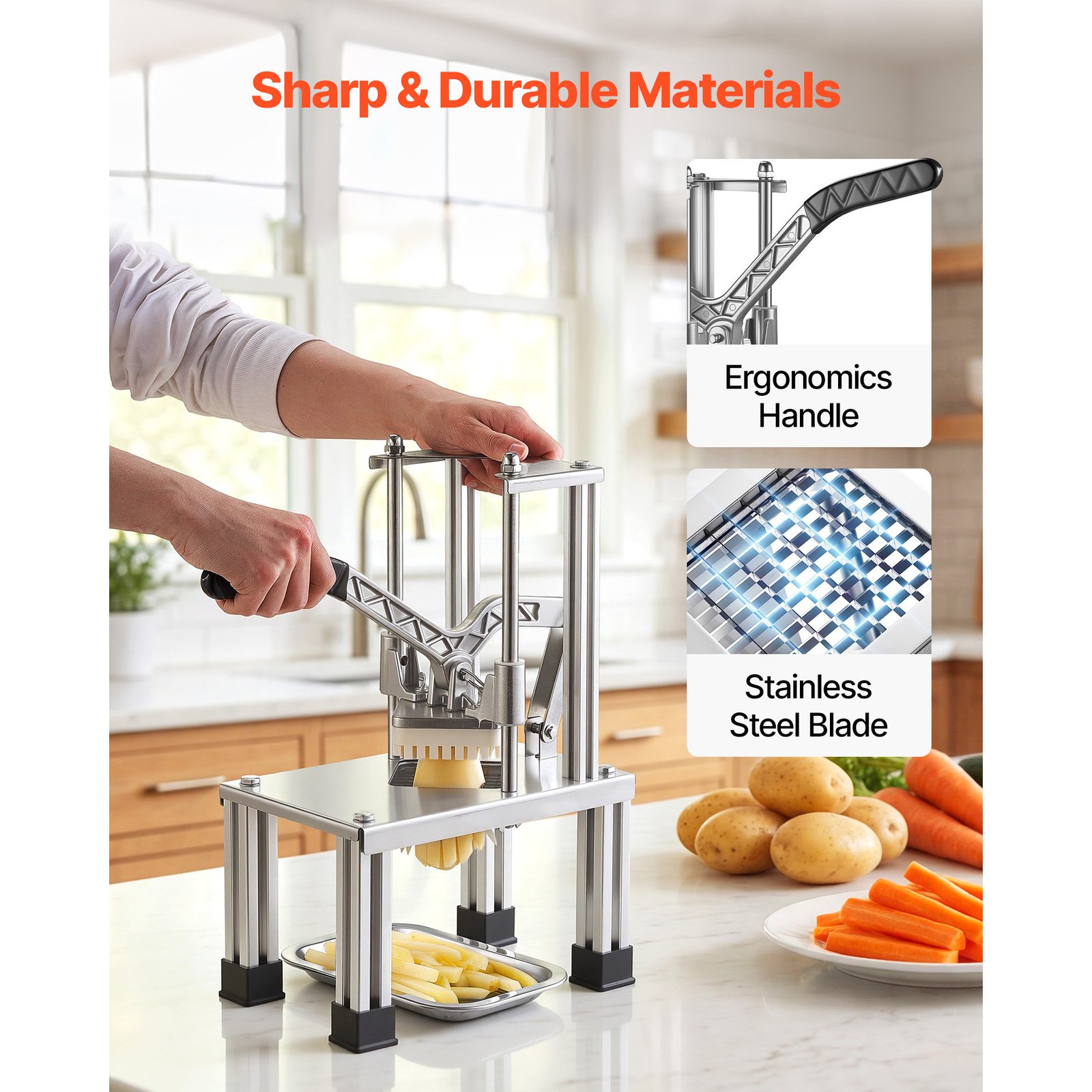 French Fry Cutter, Commercial Vegetable Chopper With 4 Blades (1/4", 3/8", 6-Wedge & Apple Corer), Stainless Steel Potato Slicer For Fries, Onion, Carrots, Lemon – Home & Restaurant Use - Image 2