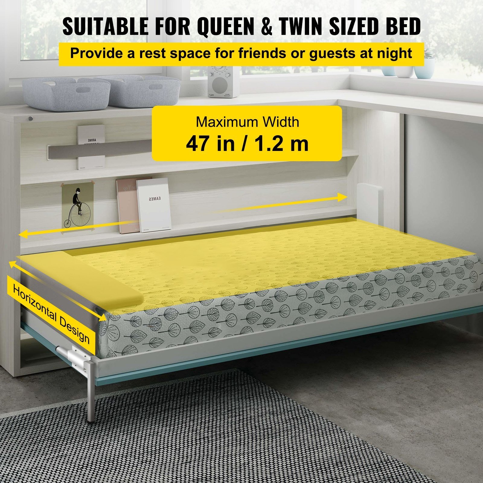 Murphy Mounting Wall Springs Mechanism Heavy Duty Support Hardware DIY Kit For Queen Twin Size Bed (Horizontal), White - Image 3