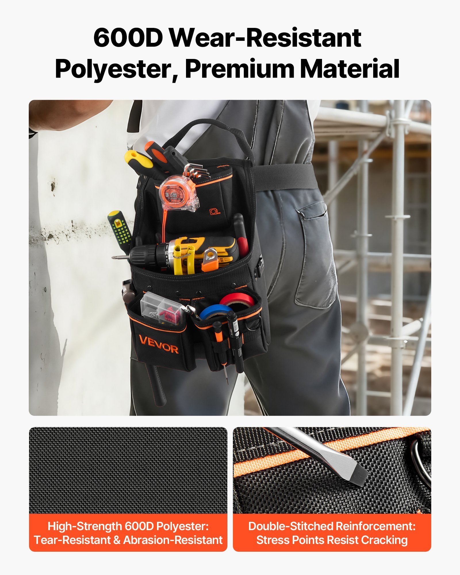 Tool Pouch With Belt, 14 Pockets Professional Tool Belt Pouch For Men, Heavy Duty Detachable Adjustable Utility Work Bag For Electrician, Carpenter, Construction, Adjusts Waist 32 To 50 Inches - Image 5