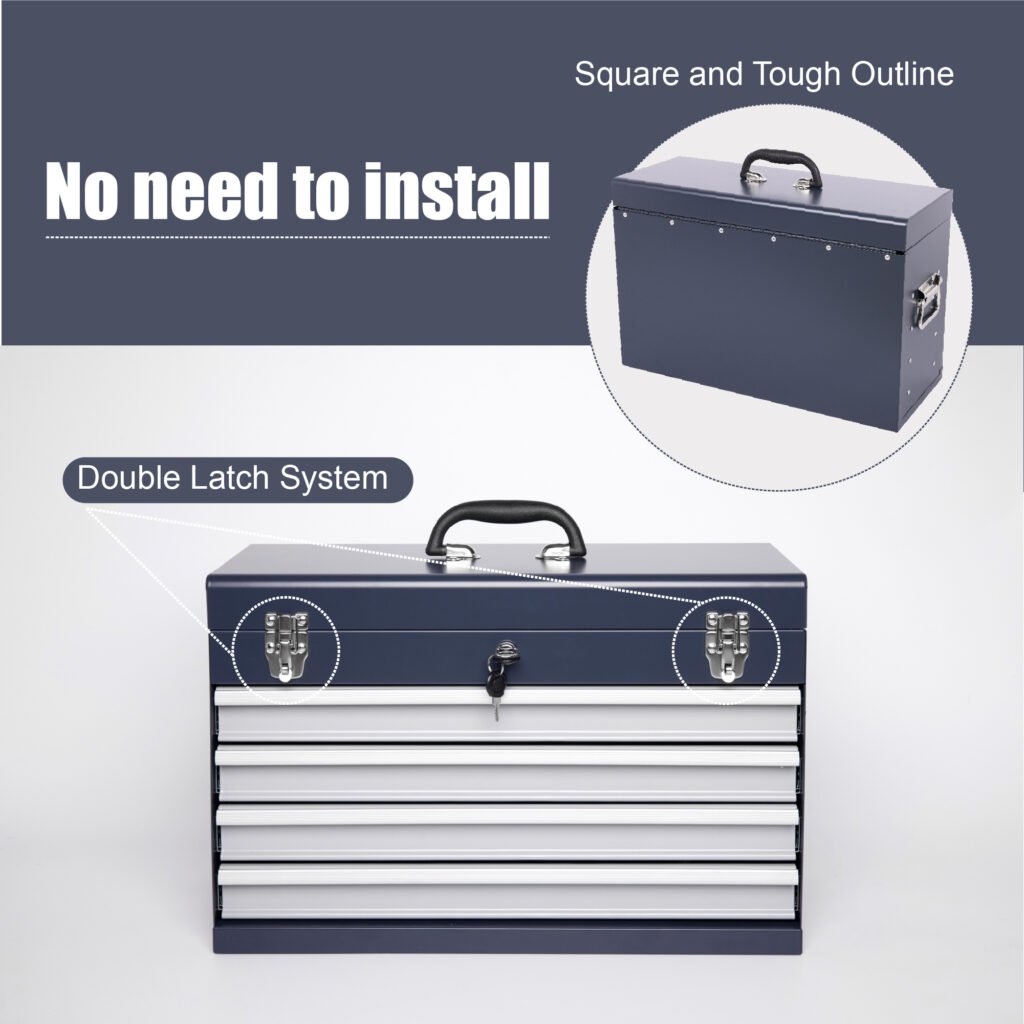 Heavy Duty Metal Tool Box, 21-inch, Portable Metal Tool Box With 4 Drawers, Small Tool Chest With EVA Liners, Ball Bearing Slide Drawers Locking & Powder Coated Finish, Multi-Function Tool Organizer