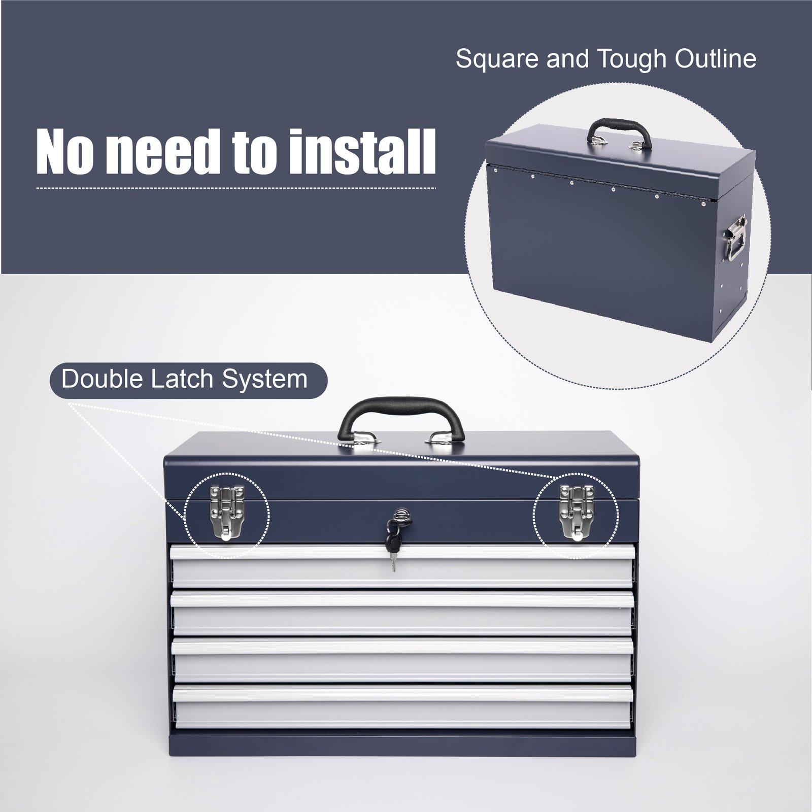 Heavy Duty Metal Tool Box, 21-inch, Portable Metal Tool Box With 4 Drawers, Small Tool Chest With EVA Liners, Ball Bearing Slide Drawers Locking & Powder Coated Finish, Multi-Function Tool Organizer - Image 2
