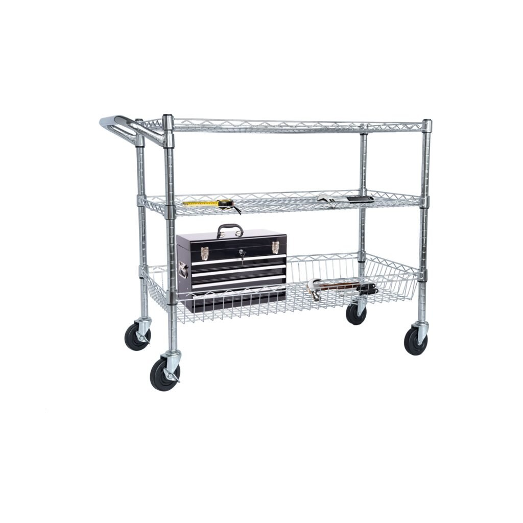 Heavy Duty Rolling Utility Cart,3 Tier Rolling Carts With Wheels,with Handle Bar & Shelf Liners,36inchx18inchx32inchStorage Cart For Kitchen,Restaurant,Plant Display,Chrome