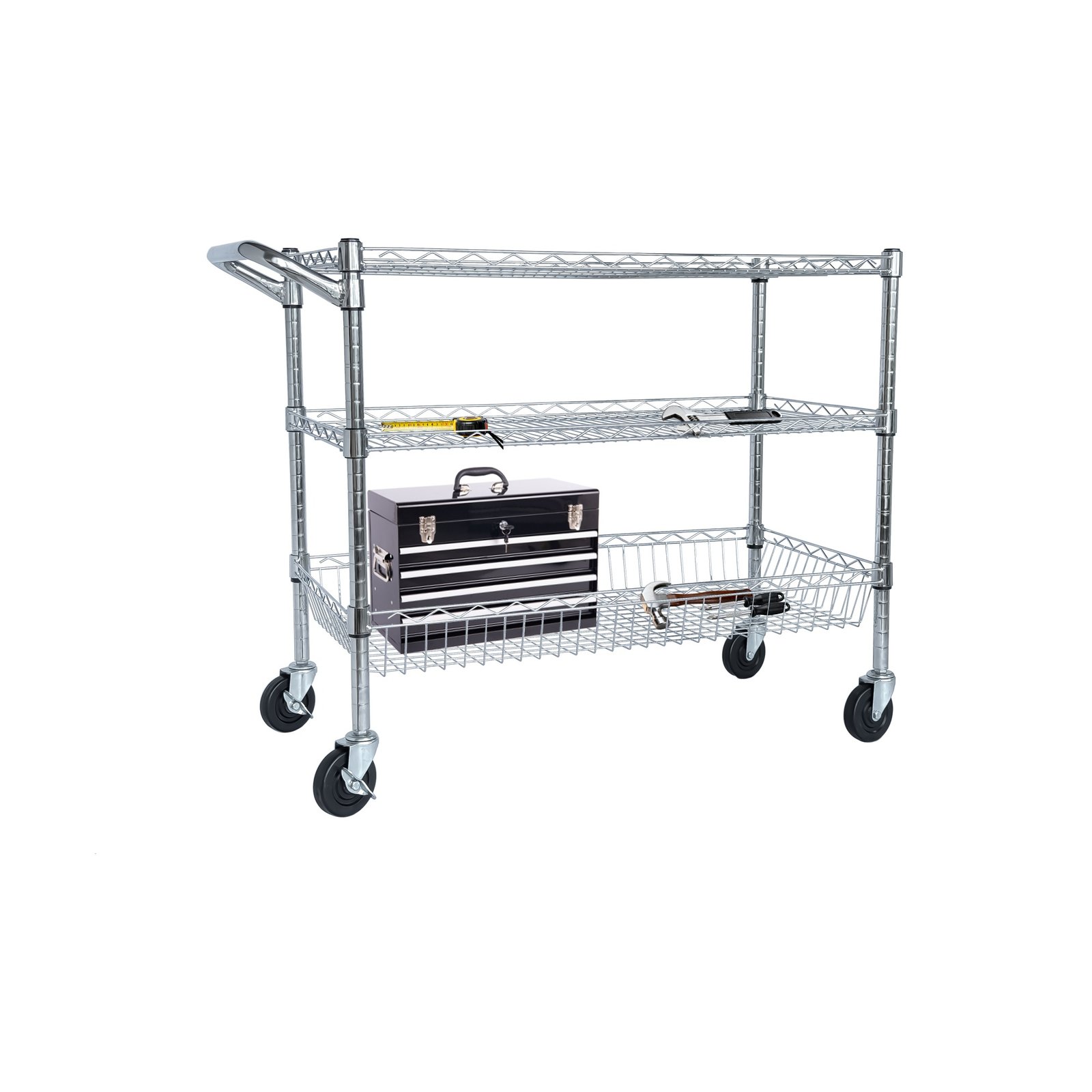 Heavy Duty Rolling Utility Cart,3 Tier Rolling Carts With Wheels,with Handle Bar & Shelf Liners,36inchx18inchx32inchStorage Cart For Kitchen,Restaurant,Plant Display,Chrome - Image 2
