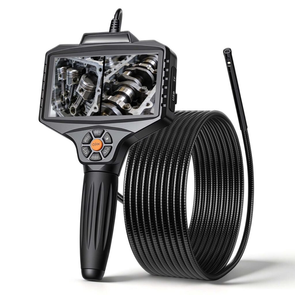 Endoscope With Light, 360 View Coverage Industrial Borescope Inspection Camera With Rotating Probe, 1080P HD Rigid Snake Scope Cam For Wall Automotive Engine Inspect-16.4FT