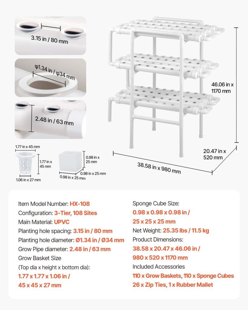 Hydroponics Growing System Kit, 3-Tier 108 Sites UPVC Pipe Hydroponic Grow Kit With Timed Irrigation, Thickened Hydroponic Pipes, Indoor Home Garden Vegetable Planting Grow Kits For Fruit Herb