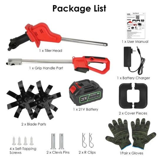 21V Electric Cordless Tiller Cultivator Powered Garden Tiller With 4 Blades 16 Steel Tines 550W 300RPM 4000mAh Battery Tilling 9-in Width & 9-in Depth For Lawn Gardening Soil Cultivation