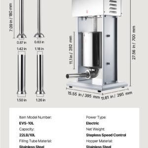 Electric Sausage Stuffer, 22 LBS / 10 L Vertical Meat Filler With Stepless Speed Adjustment, Stainless Steel Sausage Stuffing Machine, Foot Pedal & 4 Filling Tubes, For Commercial And Home Use - Image 6