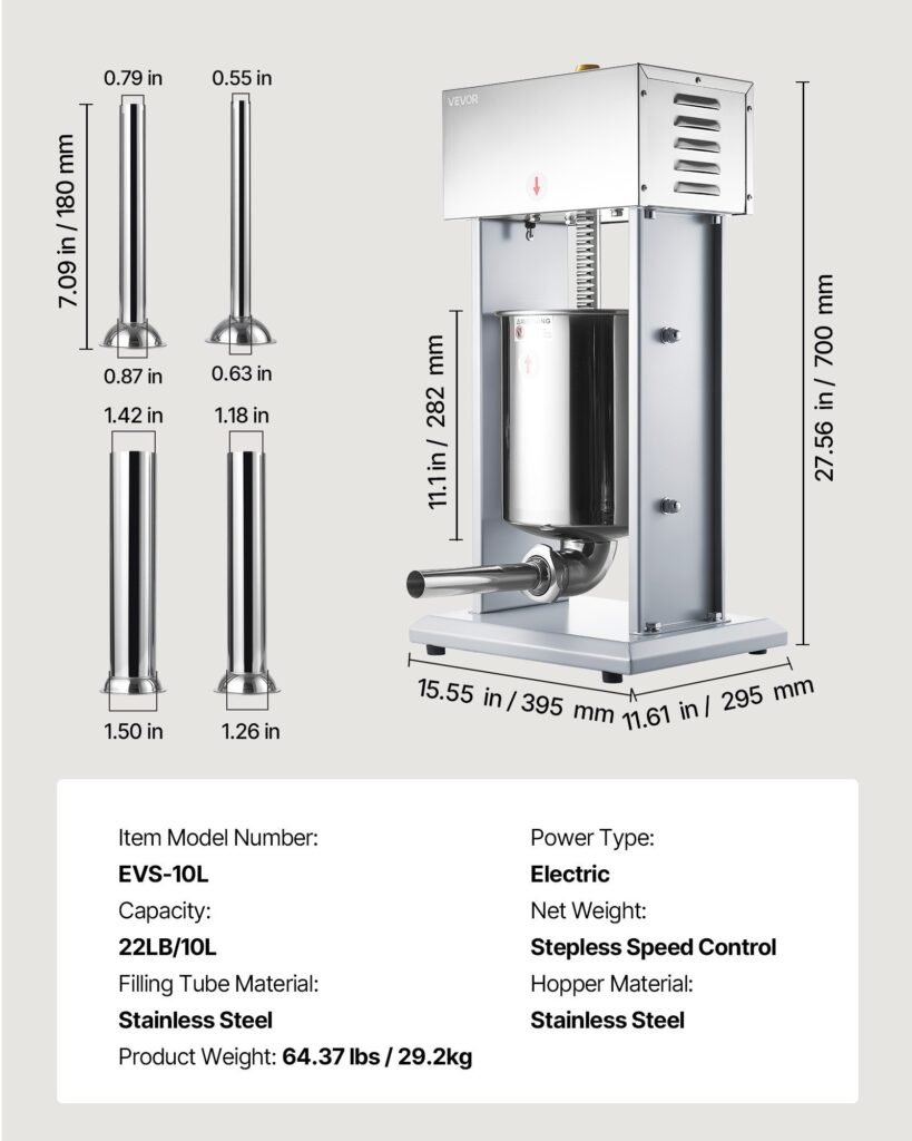 Electric Sausage Stuffer, 22 LBS / 10 L Vertical Meat Filler With Stepless Speed Adjustment, Stainless Steel Sausage Stuffing Machine, Foot Pedal & 4 Filling Tubes, For Commercial And Home Use