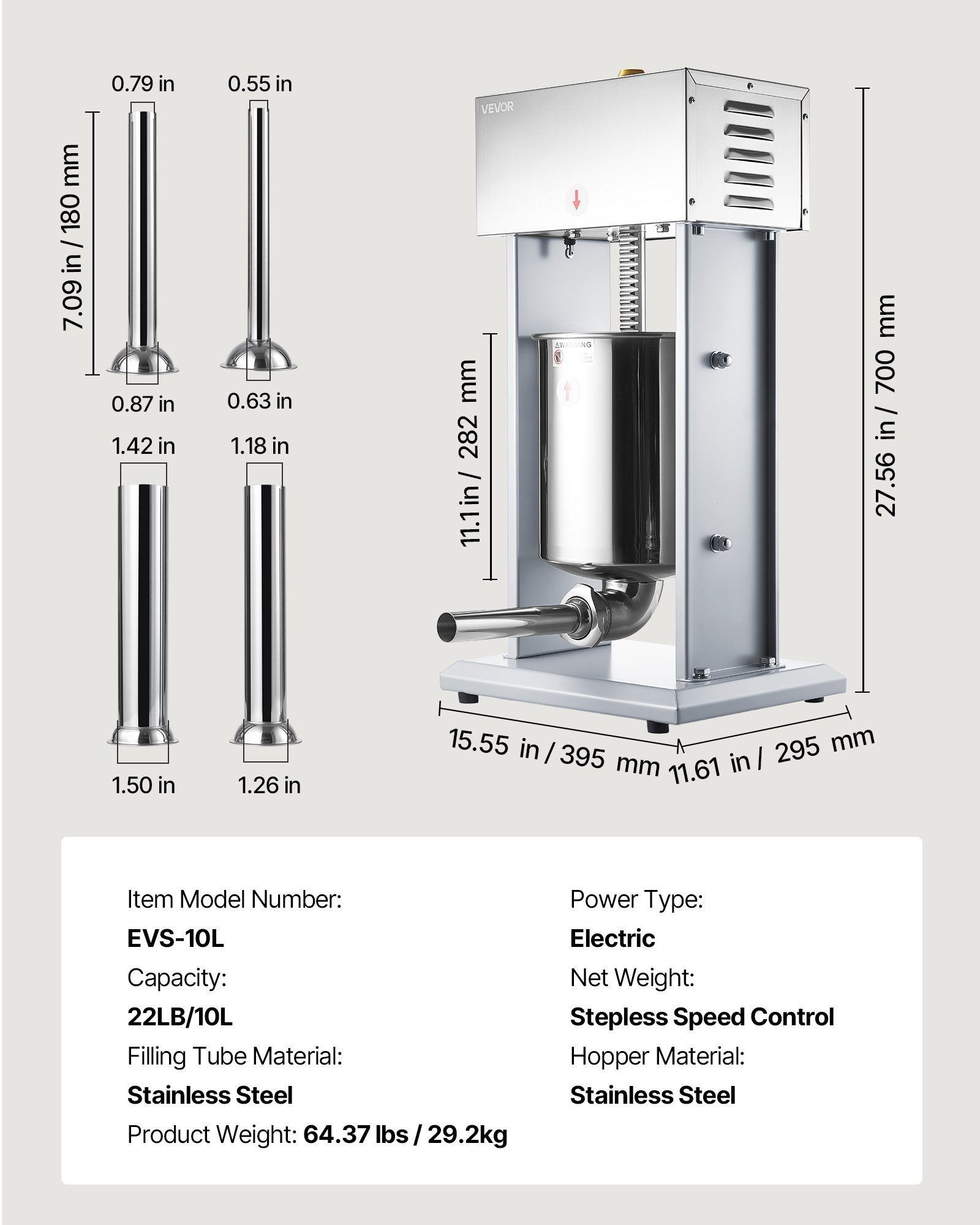 Electric Sausage Stuffer, 22 LBS / 10 L Vertical Meat Filler With Stepless Speed Adjustment, Stainless Steel Sausage Stuffing Machine, Foot Pedal & 4 Filling Tubes, For Commercial And Home Use - Image 1