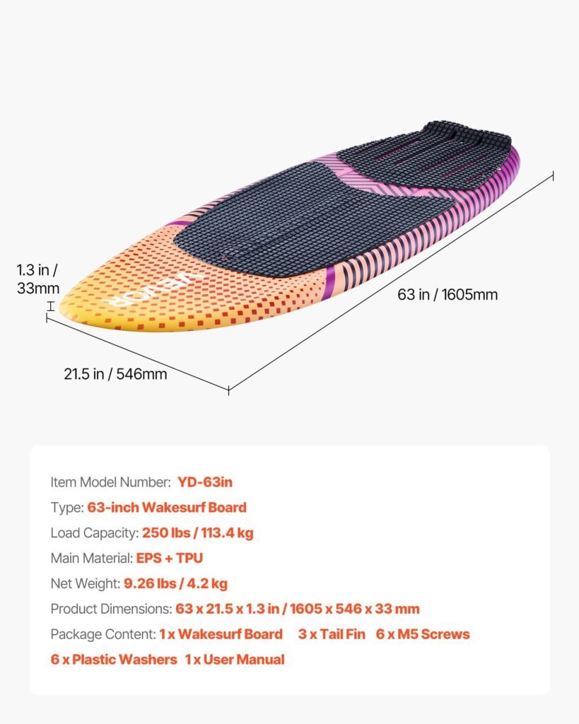63-Inch Wakesurf Board, Wake Surfing Board With EPS Foam Core, EVA Non-Slip Pad & 3 Tail Fins, UV-Resistant Wakesurfing Boards For Adults Up To 250 Lbs