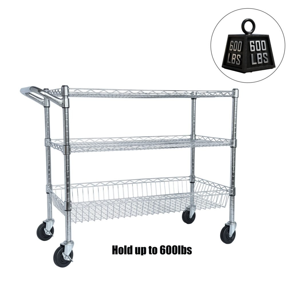 Heavy Duty Rolling Utility Cart,3 Tier Rolling Carts With Wheels,with Handle Bar & Shelf Liners,36inchx18inchx32inchStorage Cart For Kitchen,Restaurant,Plant Display,Chrome