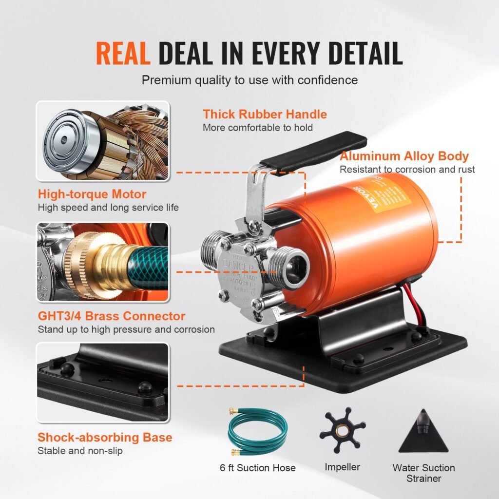 Water Transfer Pump, 12V DC 360 GPH 1/10HP, Portable Electric Utility Pump With 6 Ft Suction Hose Kit, Impeller, Suction Strainer, For Garden, Rain Barrel, Pool, Pond, Hot Tub, Aquarium Draining
