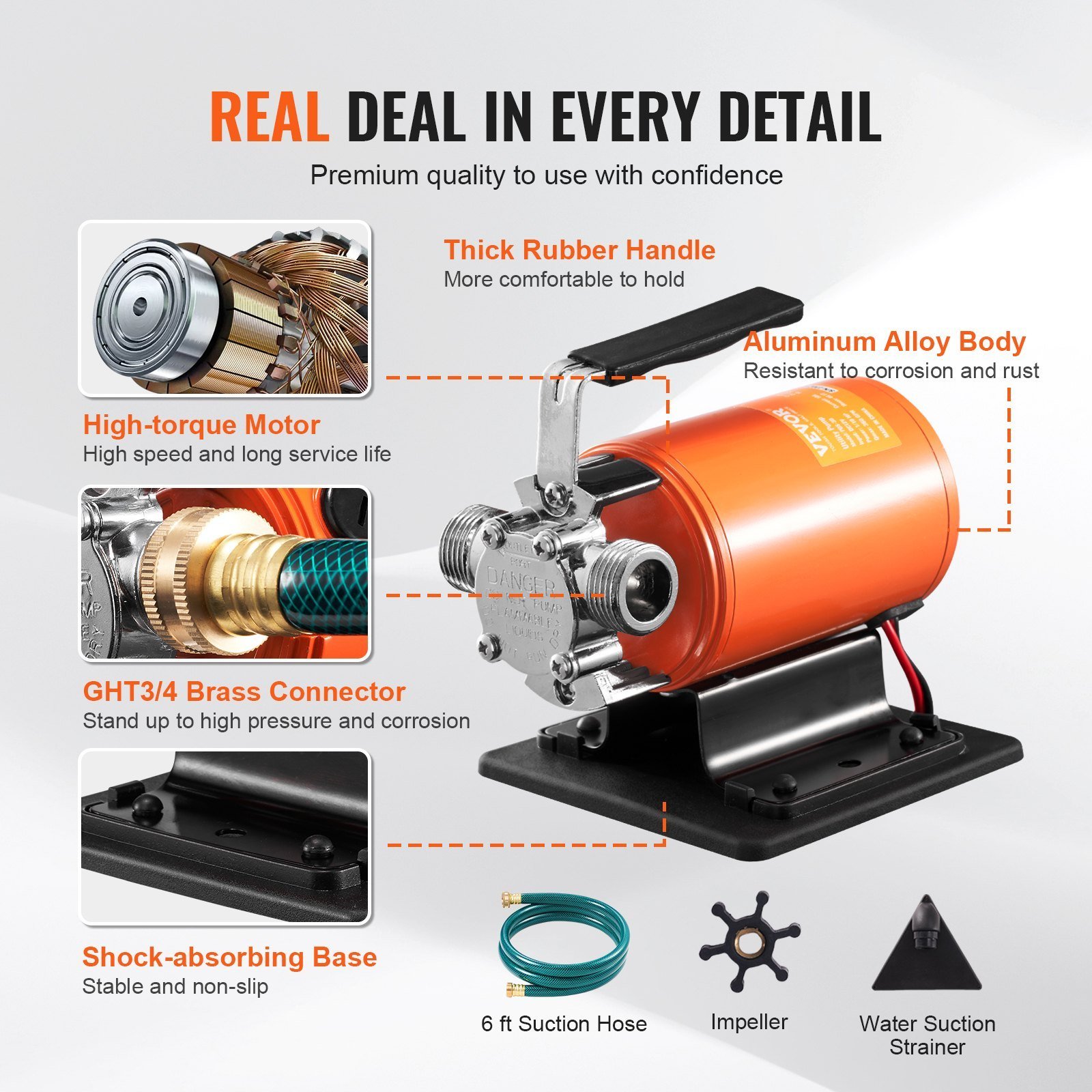 Water Transfer Pump, 12V DC 360 GPH 1/10HP, Portable Electric Utility Pump With 6 Ft Suction Hose Kit, Impeller, Suction Strainer, For Garden, Rain Barrel, Pool, Pond, Hot Tub, Aquarium Draining - Image 2