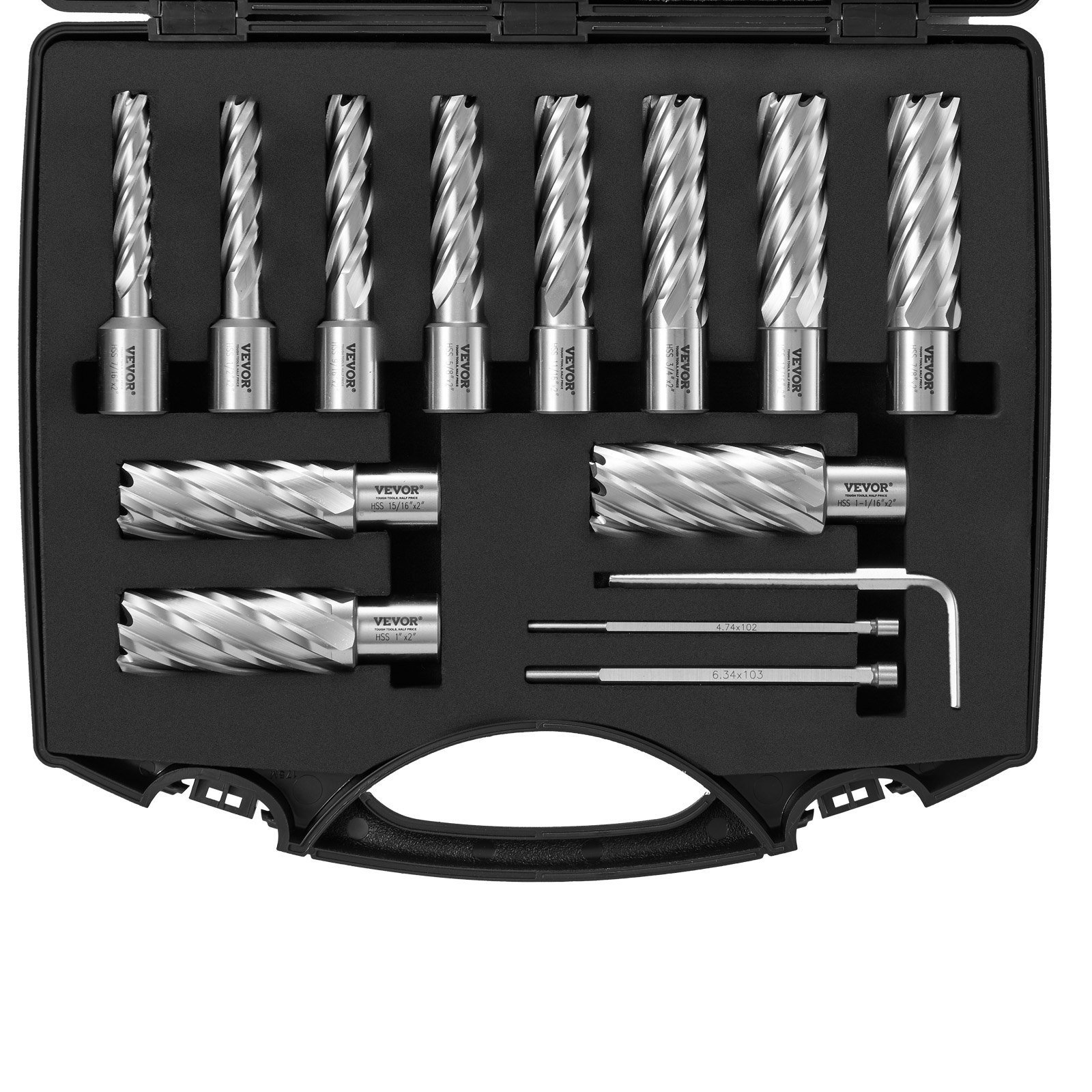 Annular Cutter Set, 13 Pcs Weldon Shank Mag Drill Bits, 7/16' To 1-1/16' Cutting Diameter, 2' Cutting Depth, M2AL HSS, With 2 Pilot Pins, Hex Wrench And Portable Case, For Using With Magnetic Dr - Image 1