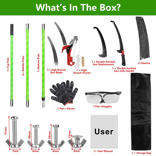 2-in-1 Manual Pole Saw 8.23-15.12FT Extendable Tree Pruner - SK5 Steel Pruner, Double-Hooked Saw Blade, Oxford Storage Bag , Goggles,Gloves For Tree Trimming