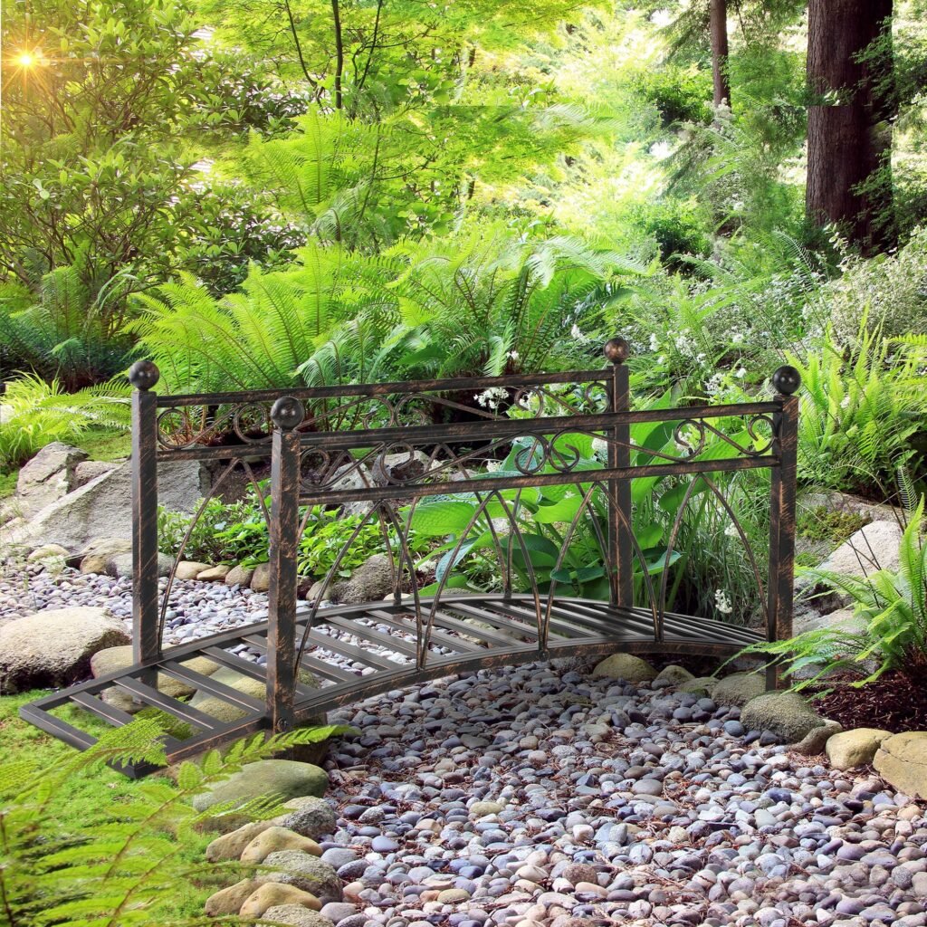 3.3 Metal Arch Zen Garden Bridge with Safety Siderails, Decorative Footbridge, Delicate Scrollwork & Corner Spheres for Stream, Fish Pond, Bronze