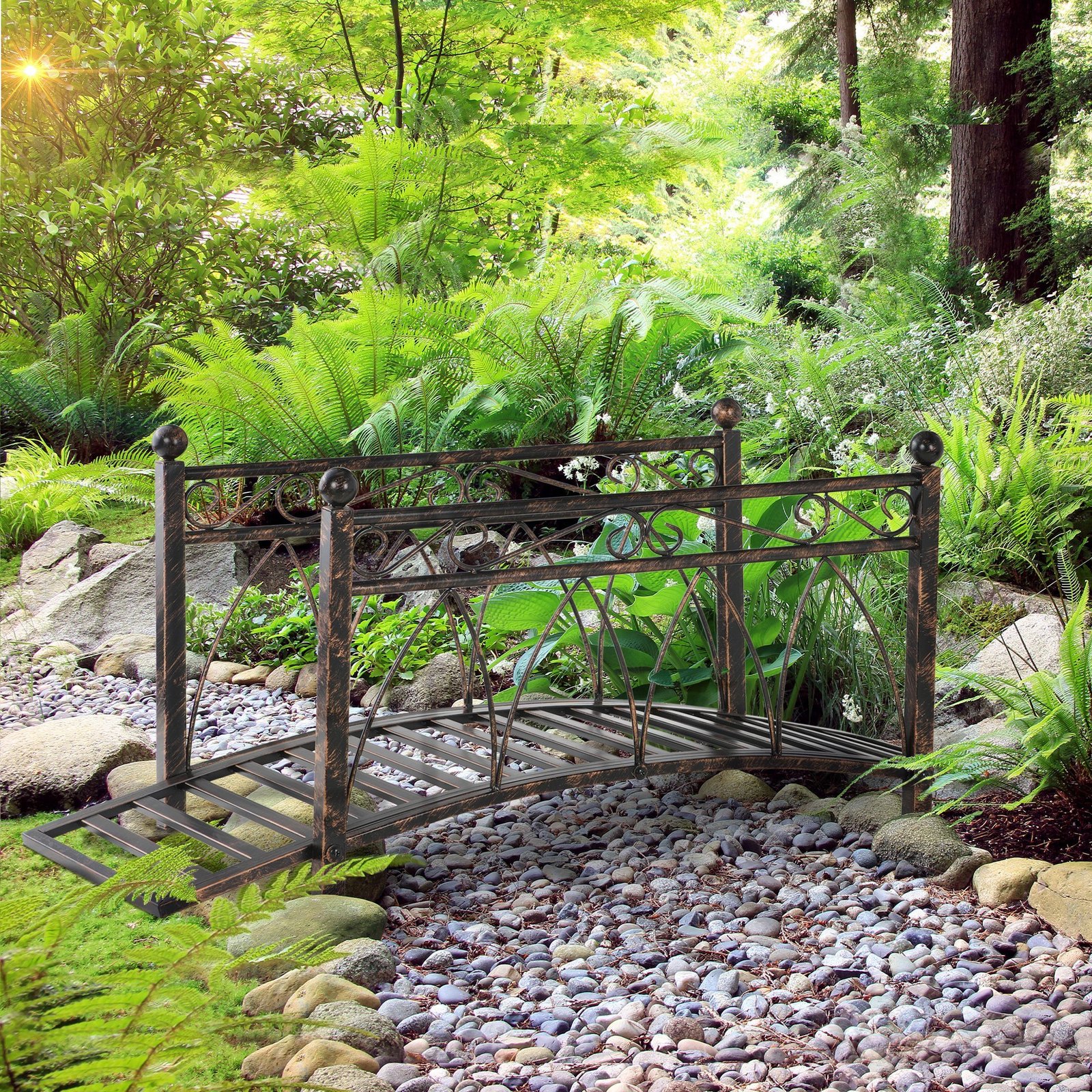 3.3 Metal Arch Zen Garden Bridge with Safety Siderails, Decorative Footbridge, Delicate Scrollwork & Corner Spheres for Stream, Fish Pond, Bronze - Image 5