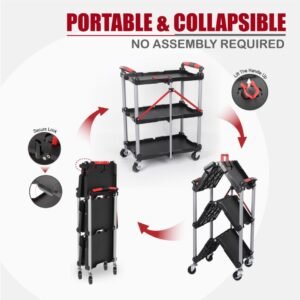 Foldable Utility Service Cart, 3 Shelf Heavy Duty Plastic Rolling Cart With Swivel Wheels 2 With Brakes, Ergonomic Handle, Portable Garage Tool Cart For Warehouse Office Home - Image 9