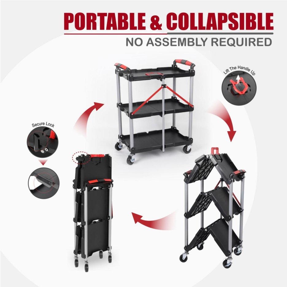 Foldable Utility Service Cart, 3 Shelf Heavy Duty Plastic Rolling Cart With Swivel Wheels 2 With Brakes, Ergonomic Handle, Portable Garage Tool Cart For Warehouse Office Home
