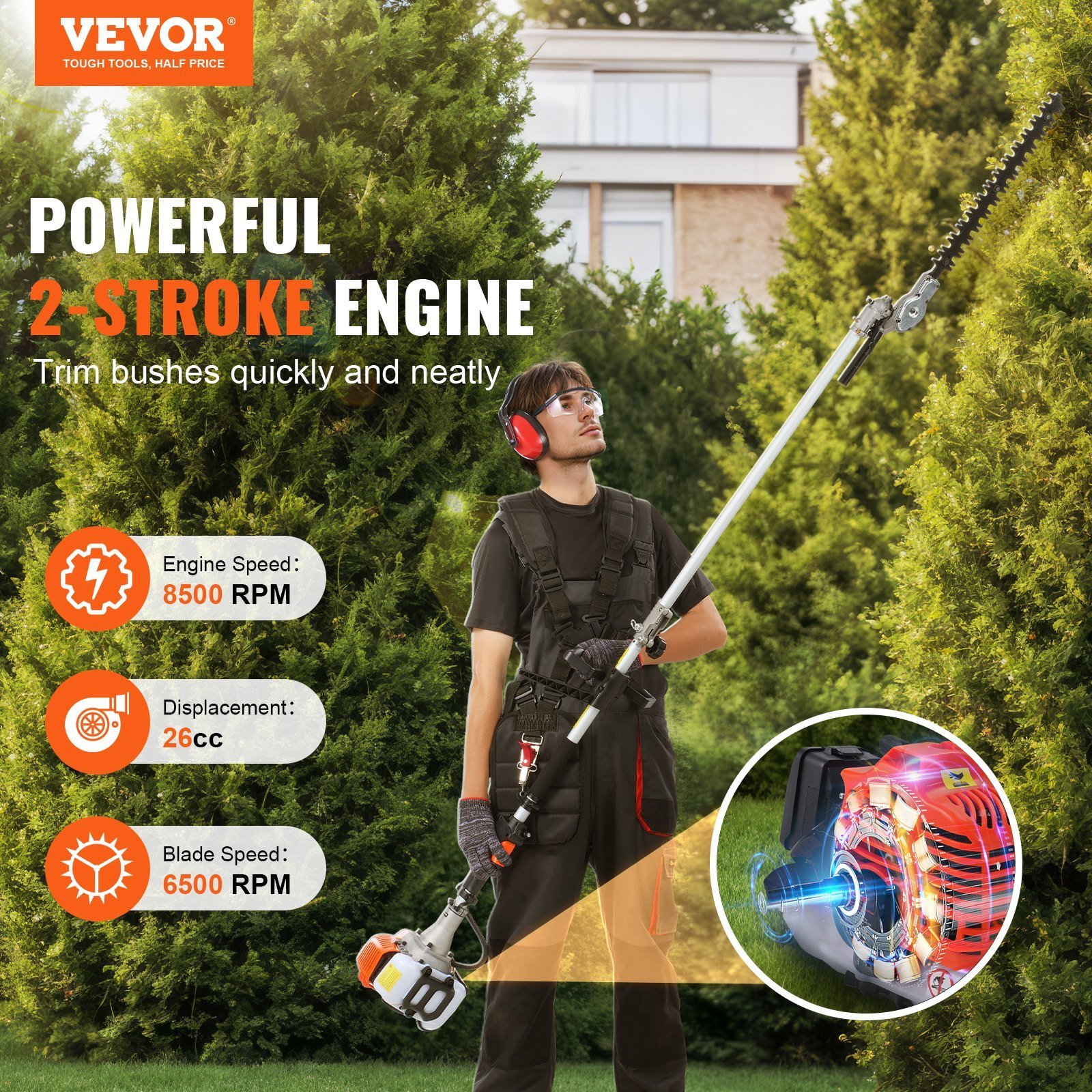 26CC 5-in-1 Multi-Functional Trimming Tools, Gas Hedge Trimmer, Weed Eater, String Trimmer, Edger, Pole Saw Chainsaw Pruner With Extension Pole - Image 1