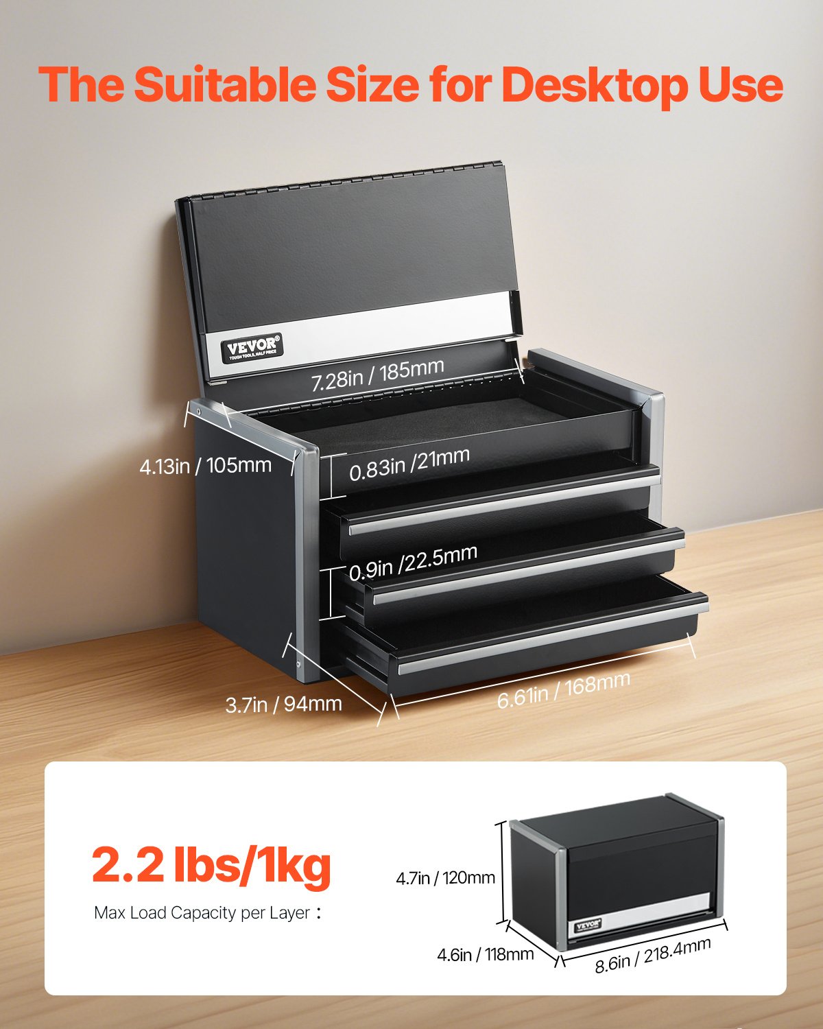 Tool Box 8.6-inch Portable Metal Tool Box With 3 Drawers Tool Organizer Black - Image 8