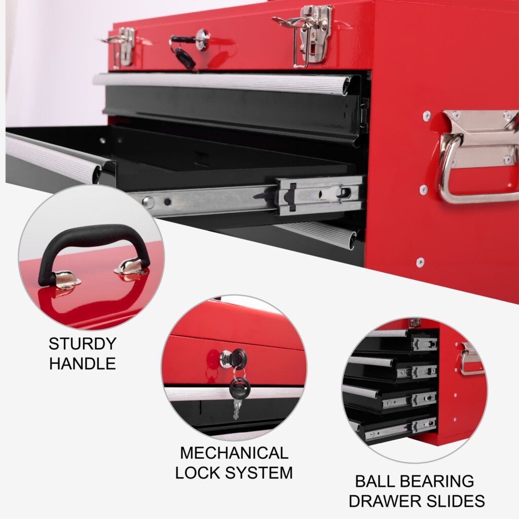 Heavy Duty Metal Tool Box, 21-inch, Portable Metal Tool Box With 4 Drawers, Small Tool Chest With EVA Liners, Ball Bearing Slide Drawers Locking & Powder Coated Finish, Multi-Function Tool Organizer