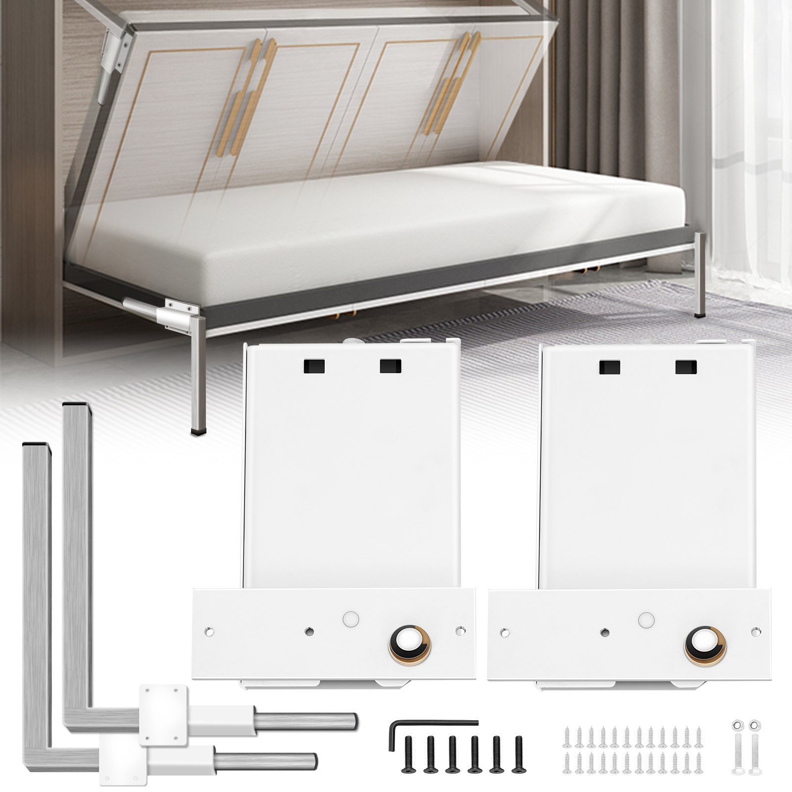 Murphy Mounting Wall Springs Mechanism Heavy Duty Support Hardware DIY Kit For Queen Twin Size Bed (Horizontal), White - Image 1