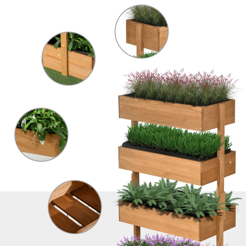 Vertical 4 Tier Raised Garden Bed, Wooden Planter Box, Self-Draining with Bed Liner for Indoor Outdoor Flowers, Vegetables and Herbs, Orange