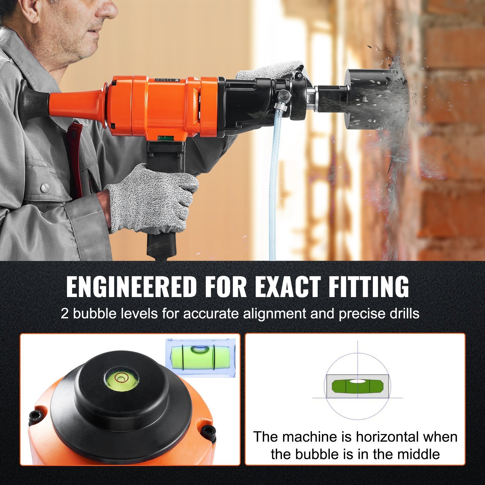 Diamond Core Drilling Machine, 4in Handheld Wet Concrete Core Drill Rig, 1100-2400RPM Two Speed & 1-1/4' Thread & 2 Bubble Levels, 3-4in Drilling Diameter For Concrete Brick Block Stone, 1500W - Image 4