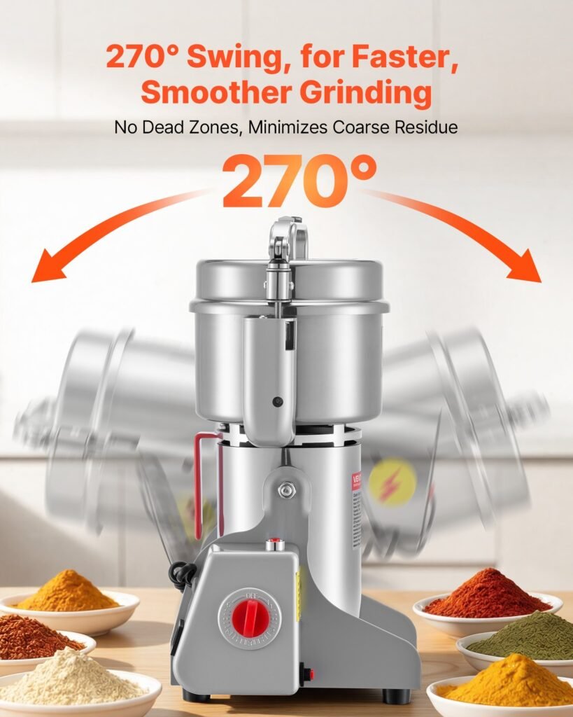 750g Electric Grain Mill Grinder, 2000W 28000RPM High Speed Spice Corn Dry Grinding Machine, Stainless Steel Pulverizer Powder Machine For Dried Grains Coffee Beans Spices Nuts (270° Swing Type)