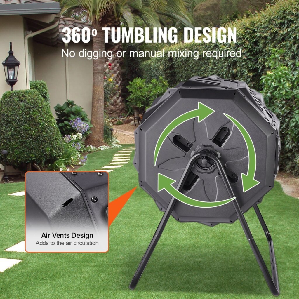 Compost Bin, 43-Gal Dual Chamber Composting Tumbler, Large Tumbling Rotating Composter With 2 Sliding Doors And Steel Frame, BPA Free Composter Bin Tumbler For Garden, Kitchen, Yard, Outdoor
