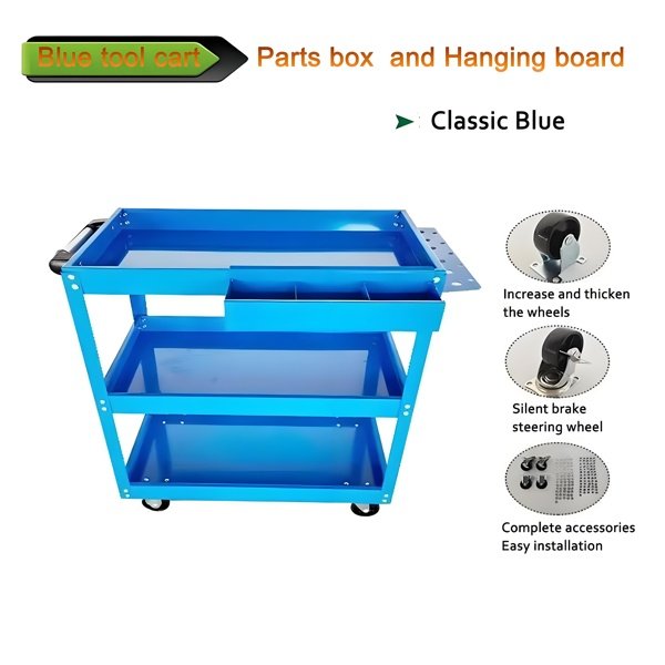 Upgrade 3-Tier Rolling Tool Cart With Lockable Wheels, Heavy Duty Steel Utility Cart, Kitchen Cart Organizer, Workshop Rolling Serving Cart For Garage, Warehouse, Blue
