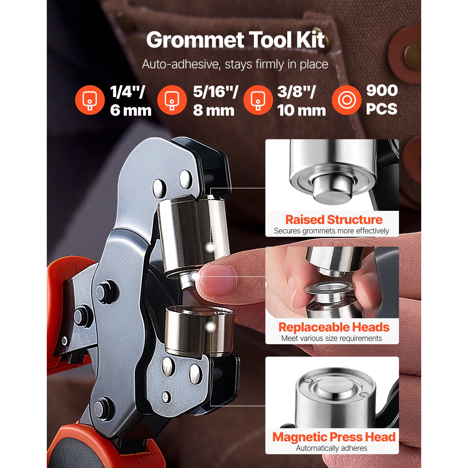 Grommet Tool Kit 1/4" 5/16" 3/8" 900 PCS Grommets Eyelet Tool Kit, With Eyelets And Washers, Manual Grommet Press Pliers, Hole Punch Tools, Blocks, For Leather, Tarps, Shoes, Crafts, Fabric - Image 4