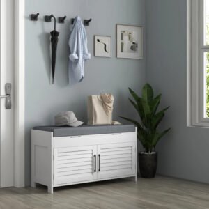 Shoe Storage Bench, Modern Entryway Bench With Cushion, Hidden Compartments, Adjustable Shelves, Shutter Doors, White - Image 2