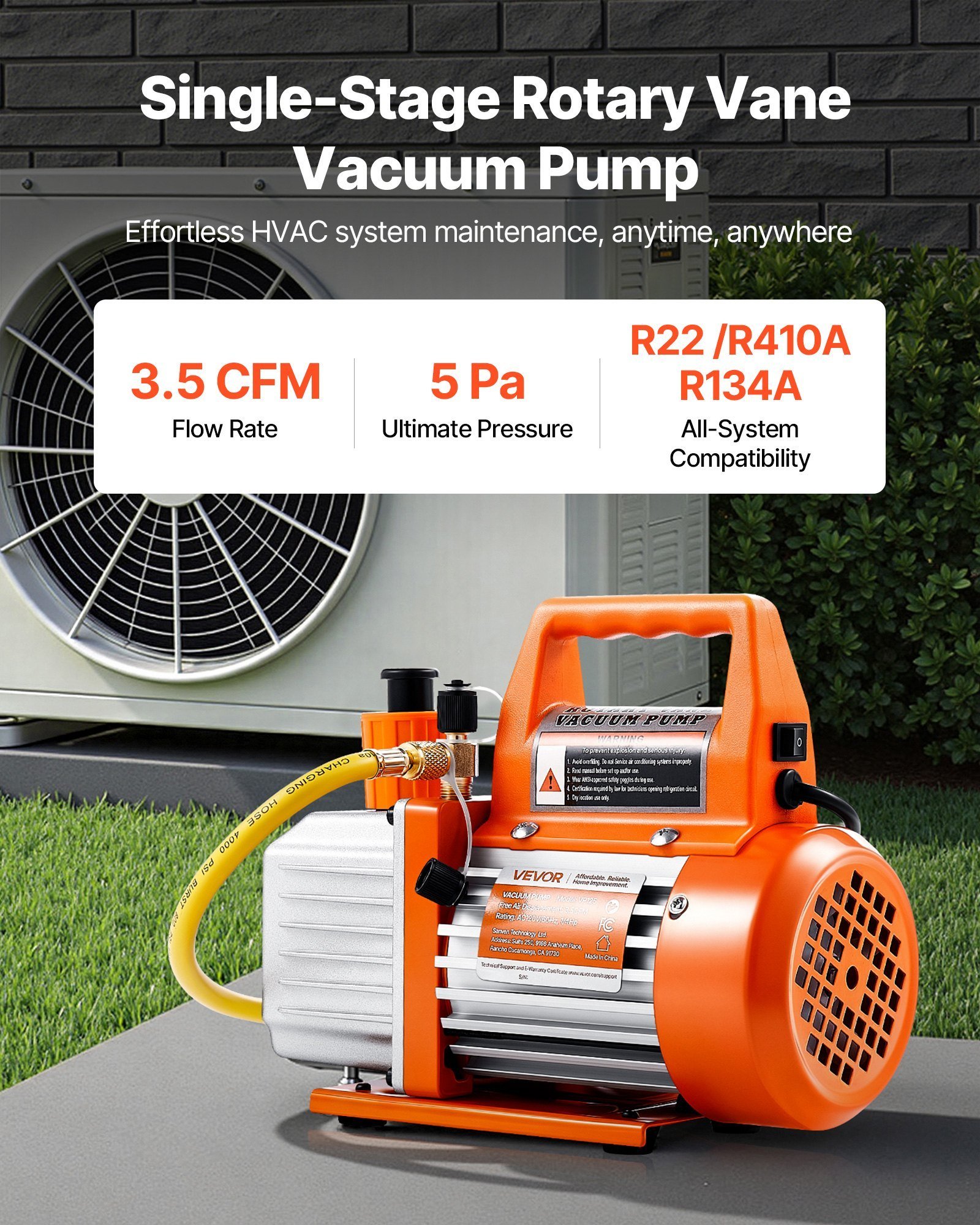 AC Vacuum Pump 3.5 CFM HVAC Single Stage Rotary Vane Vacuum Pump Oil Included - Image 3
