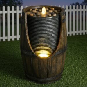 Outdoor Water Fountain With Bird Waterer, Rustic Barrel Garden Fountain With LED Lights And Pump, Faux Wood Resin Water Feature For Patio Backyard Porch Yard - Image 10