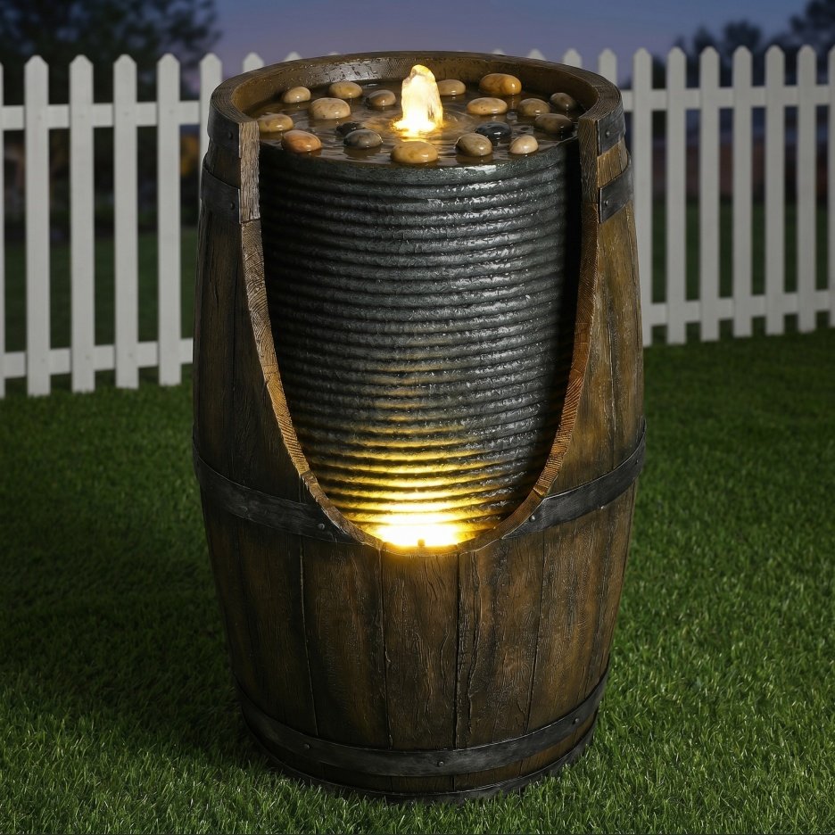 Outdoor Water Fountain With Bird Waterer, Rustic Barrel Garden Fountain With LED Lights And Pump, Faux Wood Resin Water Feature For Patio Backyard Porch Yard