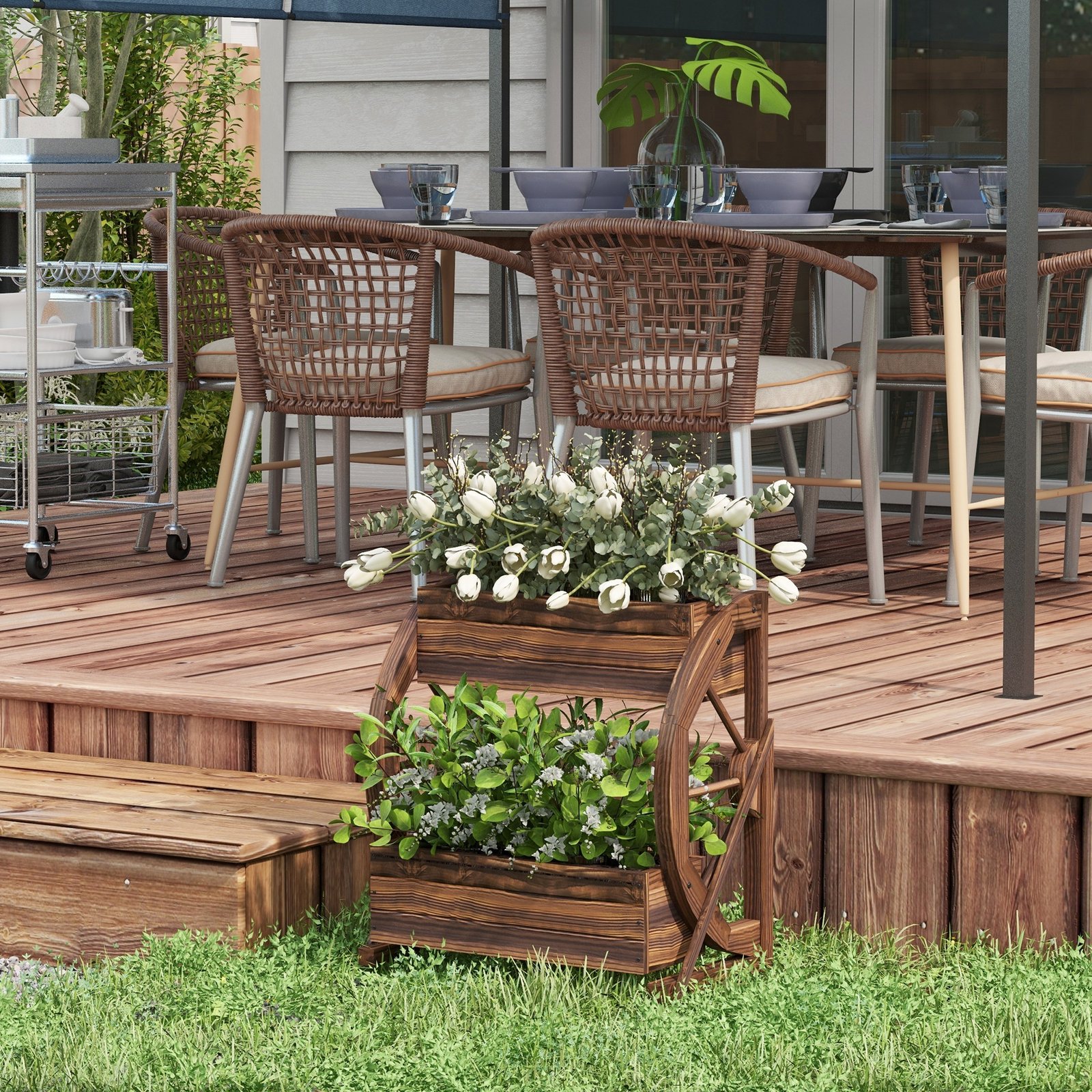 Wooden Wagon Planter Box, 2-Tier Raised Garden Bed, for Vegetables Flowers Herbs, 22" x 13" x 22" - Image 4