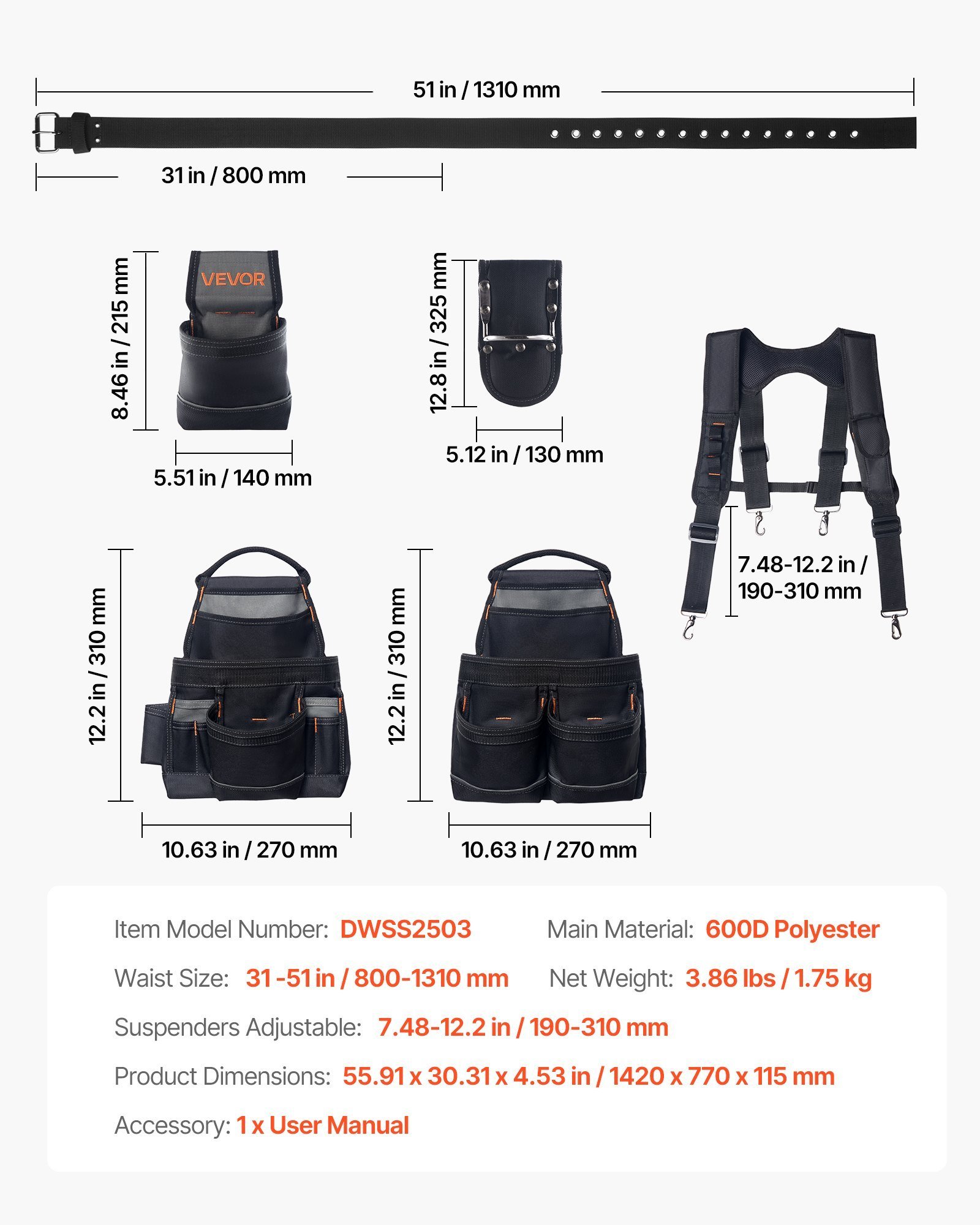 Tool Belt, 19 Pockets Tool Pouch With Suspenders For Men, Heavy Duty Adjustable Utility Belt Work Bag Detachable Suspension Rig For Electrician, Carpenter, Construction, Adjust Waist 31 To 51in - Image 1