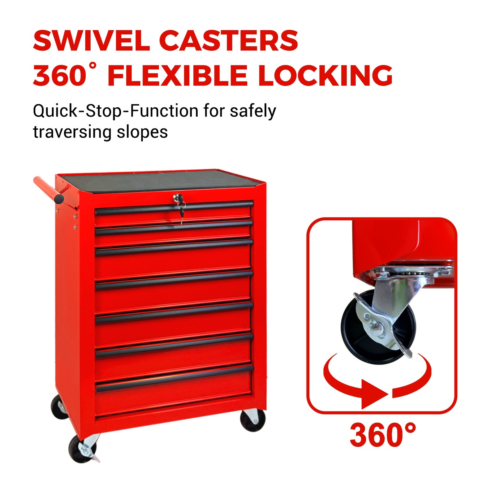 7-Drawer Rolling Tool Storage Cabinet With Detachable Top Tool Box, Universal Lockable Wheels, Adjustable Shelf, Locking Mechanism, Metal Tool Cart For Garage Workshop,Scarlet Flame Red - Image 2