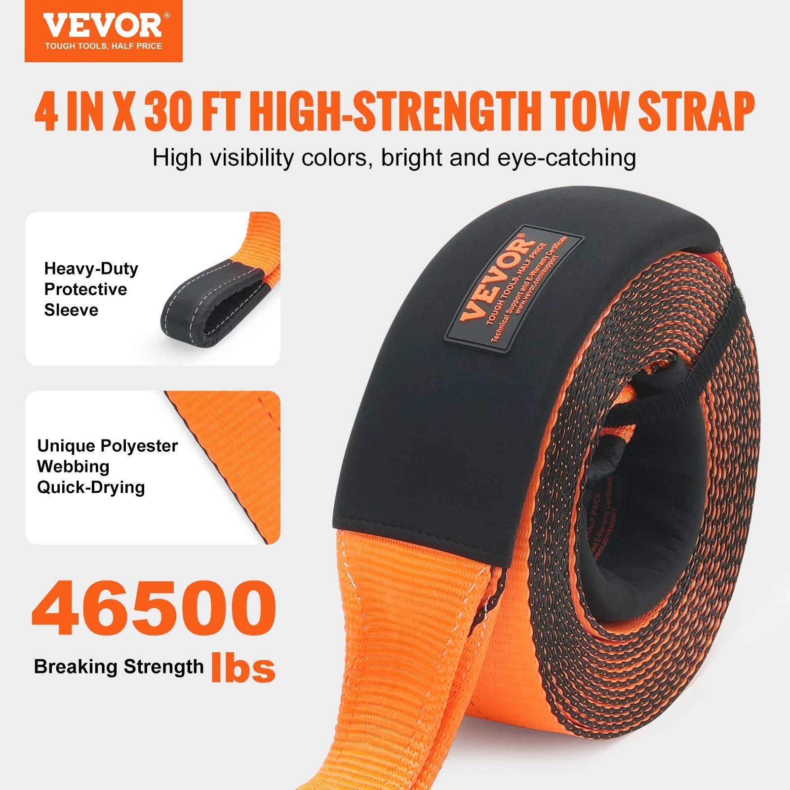 Recovery Tow Strap 4" X 30', 46,500 Lbs Break Strength, Triple Reinforced Loop Straps, Tree Saver, Off Road Towing And Recovery, Extreme Weather Resistance, Protective Sleeves & Storage Bag - Image 4