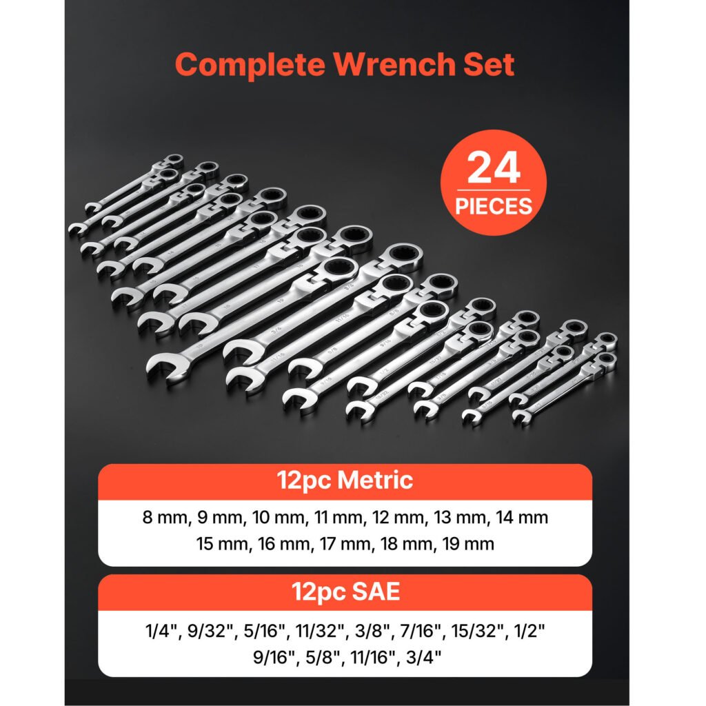 Flex-Head Ratcheting Wrench Set, 24-Piece SAE And Metric, 72 Teeth, Cr-V Steel Ratchet Flexible Combination Wrench Set With Storage Case, For General Household And Automotive Repairs, Silver