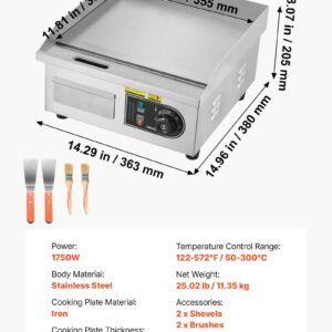 Commercial Electric Griddle, 13.98 X 11.81 Inch, 1750W, 122-570°F Adjustable Temp Control, Stainless Steel Countertop Flat Top Grill With 2 Spatulas And 2 Brushes, For Steak, Pancake, Squid - Image 1