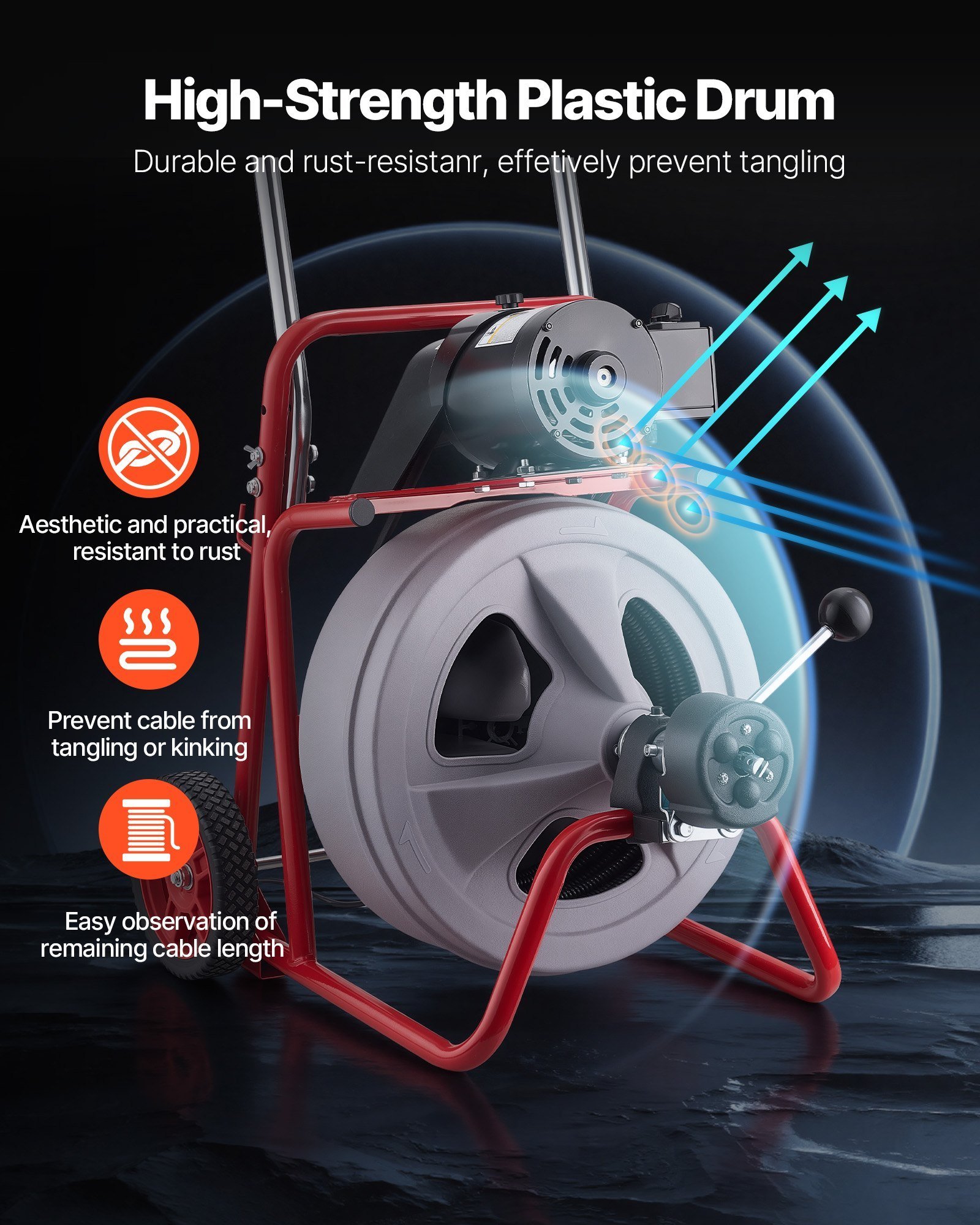 Drain Cleaner Machine 75 FT X 1/2 Inch, Auto Feed Sewer Snake Drain Auger On Wheels, Portable Drain Cleaning Machine With 8 Cutters & Air-Activated Foot Switch For 2" To 6" Pipes - Image 3