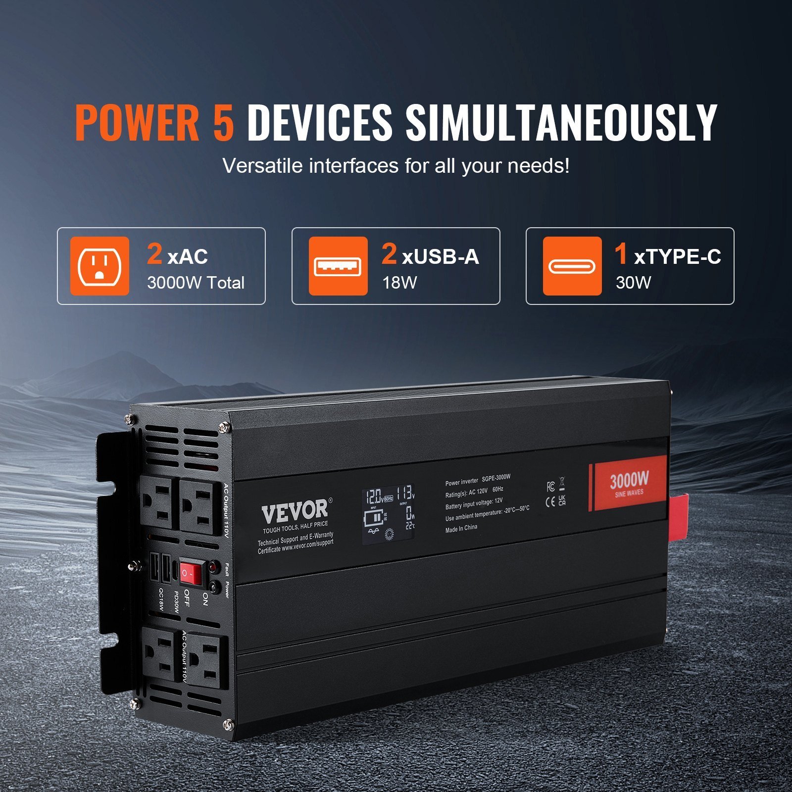 Pure Sine Wave Inverter, 3000 Watt, DC 12V To AC 120V Power Inverter With 2 AC Outlets 2 USB Port 1 Type-C Port, LCD Display And Remote Controller For Large Home Appliances, CE FCC Certified - Image 3